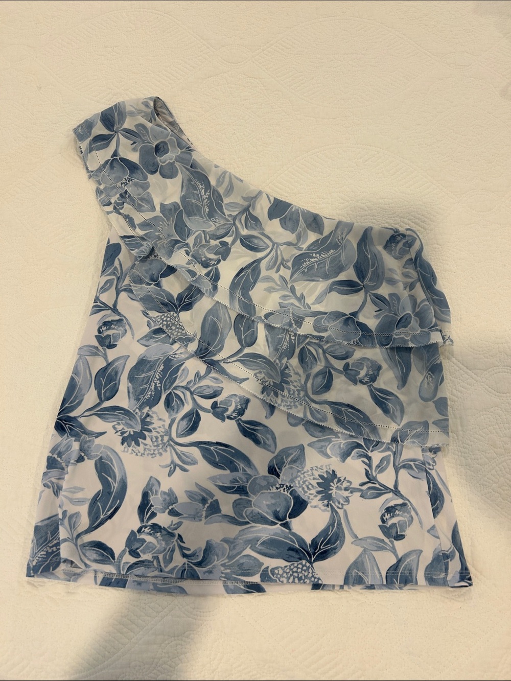 White House, Black market  One-Shoulder Blue Floral Ruffle Top